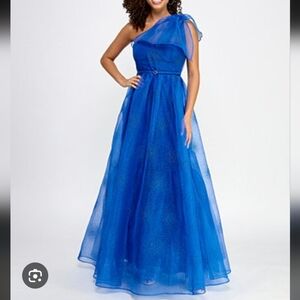 Velvet Weekend Blue Dress Glitter Mesh One Shoulder Evening Gown 11/12 M NWT